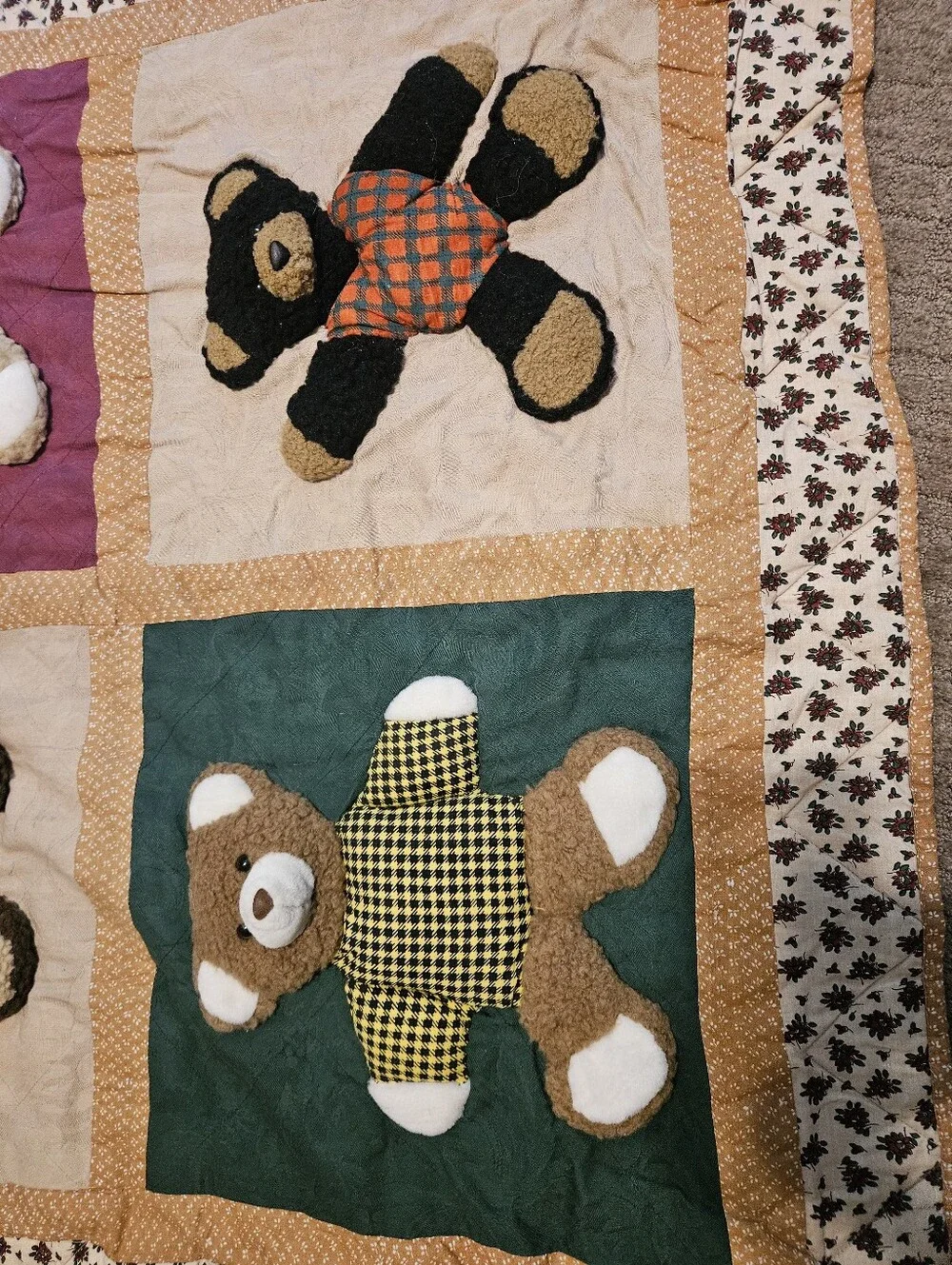 Vintage Cracker Barrel 3D Teddy Bear Quilt Crib Blanket Wall Hanging